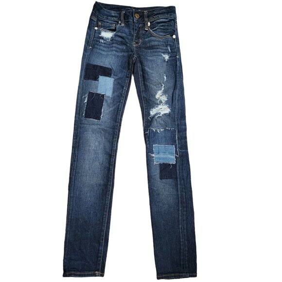 American Eagle Patchwork Distressed Skinny Stretch Jeans Size 0 - Picture 1 of 7